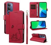 SATURCASE Coque pour Vivo Y19S 4G, Chat Mignon PU Cuir Magnétique Flip Portefeuille Support Porte-Carte Dragonne Protecteur Housse Étui pour Vivo Y19S 4G (ZC-Rouge)
