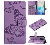 SATURCASE Coque pour Vivo Y55 5G / Y75 5G, Papillon Gaufrage PU Cuir Magnétique Flip Portefeuille Support Porte-carte Dragonne Protecteur Housse Étui pour Vivo Y55 5G / Y75 5G (BU-Violet)