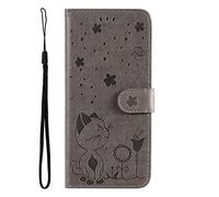 SATURCASE Coque pour Vivo Y72 5G, Chat Abeille Gaufrage PU Cuir Magnétique Flip Portefeuille Support Porte-Carte Protecteur Housse Étui avec Dragonne pour Vivo Y72 5G (Gris)