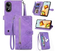 SATURCASE Coque pour ZTE Blade A33S, Fleur Gaufrage PU Cuir Magnétique Flip Portefeuille Poche Fermeture éclair Support Porte-carte Cordon Protecteur Housse Étui pour ZTE Blade A33S (SZ-Violet)