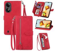 SATURCASE Coque pour ZTE Blade A33S, Fleur Gaufrage PU Cuir Magnétique Flip Portefeuille Poche Fermeture éclair Support Porte-carte Cordon Protecteur Housse Étui pour ZTE Blade A33S (SZ-Rouge)