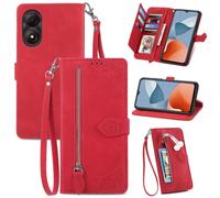 SATURCASE Coque pour ZTE Blade A34, Fleur Gaufrage PU Cuir Magnétique Flip Portefeuille Poche Fermeture éclair Support Porte-carte Cordon Protecteur Housse Étui pour ZTE Blade A34 (SZ-Rouge)