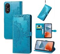 SATURCASE Coque pour ZTE Blade A34, Mandala Gaufrage PU Cuir Magnétique Flip Portefeuille Support Porte-carte Protecteur Housse Étui avec Dragonne pour ZTE Blade A34 (MA-Bleu)