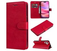 SATURCASE Étui pour Apple iPhone 16, classique en cuir PU à rabat magnétique, support et fentes pour cartes, housse de protection avec dragonne pour Apple iPhone 16 (XD-rouge)