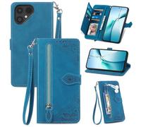 SATURCASE Étui pour Fairphone 6 - En cuir synthétique - Motif floral - Rabat magnétique - Poche zippée - Emplacements pour cartes - Dragonne - Bleu