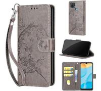 SATURCASE Étui pour OPPO A15/A15S, fleur en cuir PU à rabat magnétique, support et fentes pour cartes, dragonne, housse de protection pour OPPO A15/A15S (FB-gris)