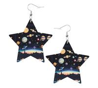 Saturne Jupiter Earth Prints Boucles d'oreilles en cuir en forme d'étoile Accessoires légers et élégants pour les fêtes, les danses et la vie quotidienne.