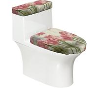 SATUSA Housse de couvercle de réservoir de toilettes extensible avec imprimé tulipes roses pour salle de bain, s'adapte à la plupart des toilettes rondes et ovales allongées, décoration d'intérieur