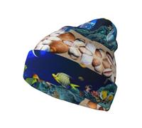 SATUSA Underwater World Blue Marine Life Print Slouchy Beanie Hat for Women Fashion Knit Hat Warm Winter Hats Beanie Hat