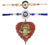 SATVIK Lot de 2 Rakhi pour frère avec motif feuille Ganesh - Comprend Roli Chawal, Ram Sita - Rakhi en coton pour Raksha Bandhan, Ganesh Rakhi, accessoires de festival indien, taille unique, Coton