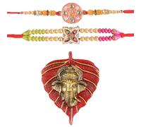 SATVIK Lot de 2 Rakhi pour frère avec motif feuille Ganesh - Comprend Roli Chawal, Ram Sita - Rakhi en coton pour Raksha Bandhan, Ganesh Rakhi, accessoires de festival indien, taille unique, Coton