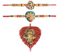 SATVIK Lot de 2 Rakhi pour frère avec motif feuille Ganesh - Comprend Roli Chawal, Ram Sita - Rakhi en coton pour Raksha Bandhan, Ganesh Rakhi, accessoires de festival indien, taille unique, Coton