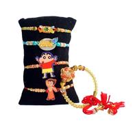 SATVIK Lot de 5 - 2 Bhaiya Rakhdi + 1 Bhabhi Lumba + 2 Rakhi pour frère | Ensemble Rakhi traditionnel fait main avec assiette Puja, Roli Chawal, carte de vœux et autocollant Sita-Ram | Raksha Bandhan