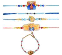 SATVIK Lot de 5 - 2 Bhaiya Rakhdi + 1 Bhabhi Lumba + 2 Rakhi pour frère | Ensemble Rakhi traditionnel fait main avec assiette Puja, Roli Chawal, carte de vœux et autocollant Sita-Ram | Raksha Bandhan