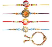 SATVIK Lot de 5 - 2 Bhaiya Rakhdi + 1 Bhabhi Lumba + 2 Rakhi pour frère | Ensemble Rakhi traditionnel fait main avec assiette Puja, Roli Chawal, carte de vœux et autocollant Sita-Ram | Raksha Bandhan
