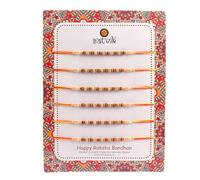 Satvik Lot de 6 perles Rudrakash Rakhi pour frère Bhaiya Bhabhi traditionnel fait à la main avec Roli Chawal, carte de vœux et autocollants Soun indien festif Rakshaband