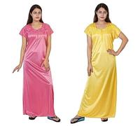 SATYA EXPORTS Lot de 2 chemises de nuit en satin mélangé pour femme Longueur cheville Tissu doux confortable, Rose/jaune, taille unique