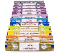 Satya Lot de 12 paquets d'encens 15 g comprenant : Nag, Super Hit, Oodh, Positive Vibes, Namaste, Champa, Opium, Reiki, Spiritual Healing, Karma, Ayurveda traditionnel et méditation, bois, multi,