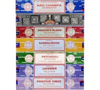 Satya Lot de 7 Paquets de 7 bâtonnets d'encens Nag Champa, Super Hit, Dragon Blood, Bois de Santal, Patchouli, Lavande, Positive Vibes, 15 g