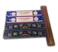 Satya Lot d'Encens Naturel Aromatique - 2 Boîtes de Superhit 15 g + 2 Boîtes de Nagchampa 15 g. + Encensoir Bois Naturel - Longue Durée et Arôme Délicat