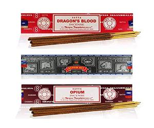 Satya Nag Champa Lot de 3 paquets d'encens de 15 g comprenant : Super Hit, Dragon Sang, Opium