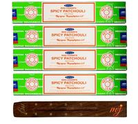 Satya Nag Champa Lot de 4 paquets de bâtons d'encens Patchouli épicé avec porte-encens, pour aromathérapie, spa, yoga, mariages, méditation, guérison, positivité et relaxation