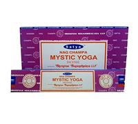 Satya Nag Champa Mystic Yoga Bâtons d'encens | Parfum signature | Poids net : 15 g x 12 boîtes = 180 g | Fabriqué exclusivement en Inde | Qualité d'exportation | Encens non toxiques laminés à la main
