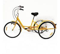 SAUADY Tricycle pliable pour adulte 24 pouces 3 roues avec lumière LED panier à légumes 6 vitesses réglable en hauteur avec panier pliable avant seniors pour toutes les surfaces de route jaune