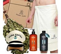 SAUNA GURU Coffret cadeau de sauna de qualité supérieure pour homme - Balai de sauna en bouleau Venik, chapeau de sauna « Captain », serviette de kilt de sauna, infusion d'eucalyptus et gel douche