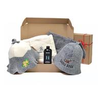 SAUNA GURU Coffret cadeau sauna pour couples - 2 serviettes de sauna kilt en 100 % coton, 2 chapeaux de sauna brodés et infusion de sauna à l'eucalyptus - Ensemble d'accessoires de sauna naturels pour