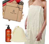SAUNA GURU Coffret cadeau sauna pour femme - Chapeau de sauna et serviette de kilt de sauna en matériaux naturels avec gel douche nourrissant - Ensemble d'accessoires de sauna pour la détente, les