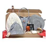 SAUNA GURU Deluxe Coffret cadeau pour sauna - Sac de sauna, panier de sauna en bouleau, chapeau de sauna, infusion de sauna, gant en feutre, coussin de siège, gel douche parfumé au pin, savon et