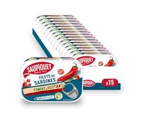 SAUPIQUET - Filets de Sardines au Piment Bio - Sans Arêtes - Sans conservateurs, colorants ni arômes artificiels - Issus d'une Pêche Traçabilité Garantie - 15 Conserves (100 g)