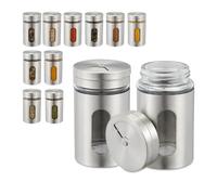 Relaxdays Saupoudreuses à épices, lot de 12, 3 tailles de débit, fenêtre de contrôle, herbes, verre, acier inoxydable