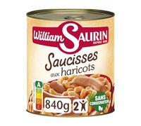 SAURIN - Plat familial Saucisses aux Haricots WILLIAM | Savoureux et onctueux | Prêt à déguster | la boite de 840g | LOT DE 4