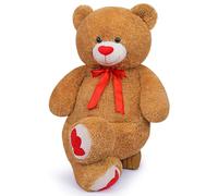 Sausudols Ours en Peluche Teddy Géant 110 cm avec Noeud Rose et Coeurs Brodés, pour Enfants & Anniversaires - Brun foncé