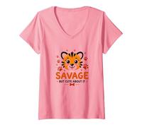 Savage But Cute About It Tiger Cub Paw T-Shirt avec Col en V, Femme, Rose, L