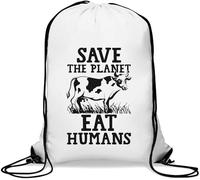 Save The Planet Eat Humans Sac de gym décontracté avec cordon de serrage Motif vache Blanc