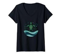 Save The Turtles Océan Conservation Écologique T-Shirt avec Col en V, Femme, Noir, XXL