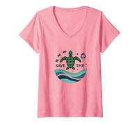 Save The Turtles Océan Conservation Écologique T-Shirt avec Col en V, Femme, Rose, XXL