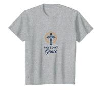 Saved by Grace : Croix élégante pour chrétiens, chrétiens T-Shirt, Enfant, Gris Chiné, 12 Ans