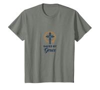 Saved by Grace : Croix élégante pour chrétiens, chrétiens T-Shirt, Enfant, Vert Kaki chiné, 4 Ans