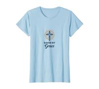 Saved by Grace : Croix élégante pour chrétiens, chrétiens T-Shirt, Femme, Bleu Céleste, XXL