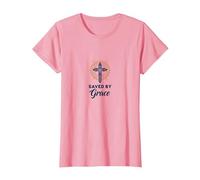 Saved by Grace : Croix élégante pour chrétiens, chrétiens T-Shirt, Femme, Rose, 3XL