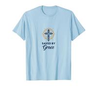 Saved by Grace : Croix élégante pour chrétiens, chrétiens T-Shirt, Homme, Bleu Céleste, 3XL