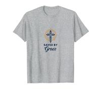 Saved by Grace : Croix élégante pour chrétiens, chrétiens T-Shirt, Homme, Gris Chiné, L