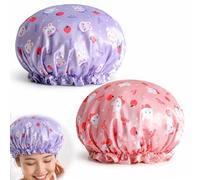 Savento Lot de 2 Bonnet de Douche Imperméable Elastique Caps, Chapeau de Bain Imperméable pour Cheveux Longs, Motif Animé Mignon Violet et Rose, Double Couche Souple 26-38 cm