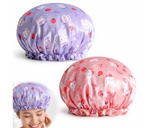 Savento Lot de 2 Bonnet de Douche Imperméable Elastique Caps, Chapeau de Bain Imperméable pour Cheveux Longs, Motif Animé Mignon Violet et Rose, Double Couche Souple 26-38 cm