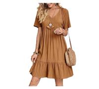 saVgu Robe Ample et Fluide décontractée, Robes d'été for Femme, Tunique Fluide, Mini Robe à Manches Courtes, col en V, Robe trapèze décontractée au Genou. (Color : Brown, Size : US-XL)