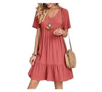 saVgu Robe Ample et Fluide décontractée, Robes d'été for Femme, Tunique Fluide, Mini Robe à Manches Courtes, col en V, Robe trapèze décontractée au Genou. (Color : Red, Size : US-XL)